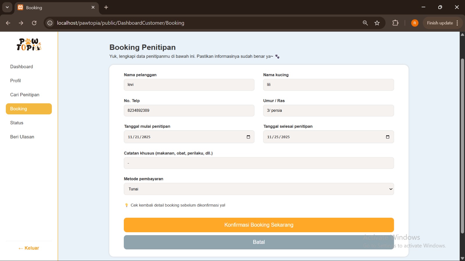 Booking Customer Pawtopia